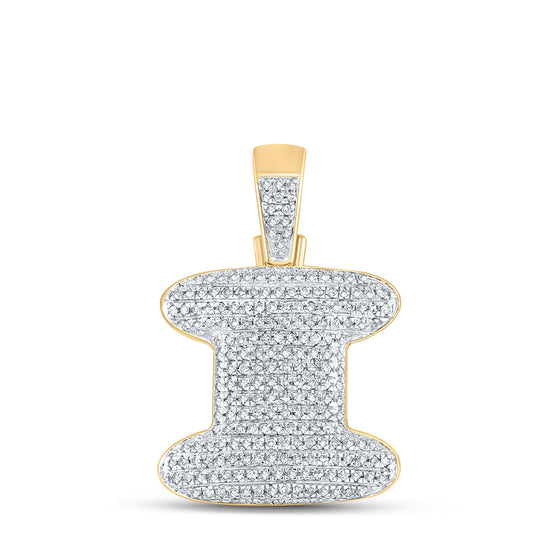 10k Yellow Gold Mens Round Diamond Bubble I Letter Charm Pendant 3/4 Cttw