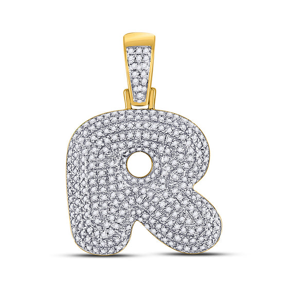 10k Yellow Gold Mens Round Diamond Bubble R Letter Charm Pendant 7/8 Cttw