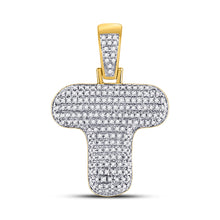  10k Yellow Gold Mens Round Diamond Bubble T Letter Charm Pendant 1/2 Cttw