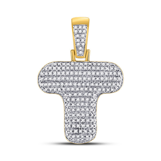 10k Yellow Gold Mens Round Diamond Bubble T Letter Charm Pendant 1/2 Cttw