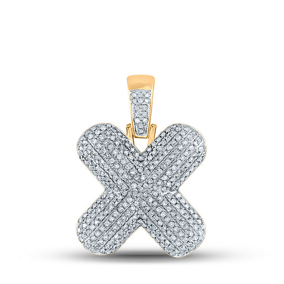 10k Yellow Gold Mens Round Diamond Bubble X Letter Charm Pendant 7/8 Cttw