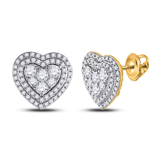 14k Yellow Gold Womens Round Diamond Heart Cluster Earrings 1 Cttw