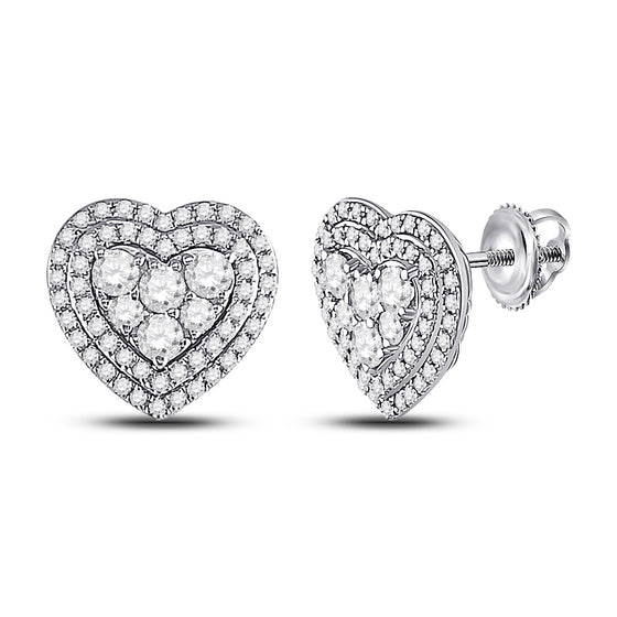14k White Gold Womens Round Diamond Heart Earrings 1 Cttw