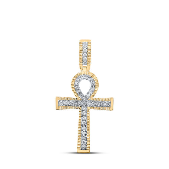 10k Yellow Gold Mens Round Diamond Ankh Cross Charm Pendant 1 Cttw