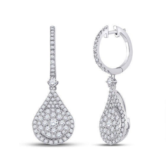 14k White Gold Womens Round Diamond Cluster Teardrop Earrings 1-1/2 Cttw