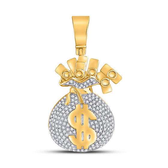 10k Yellow Gold Mens Round Diamond Moneybag Charm Pendant 1 Cttw