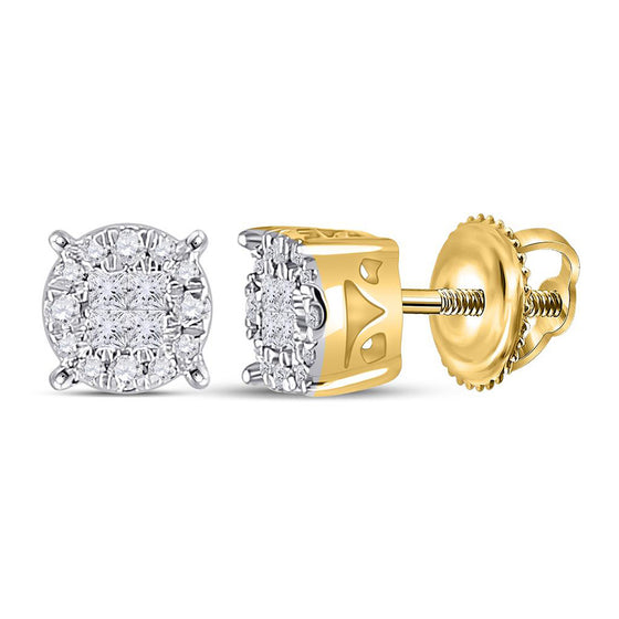 14k Yellow Gold Womens Princess Diamond Round Cluster Earrings 1/6 Cttw