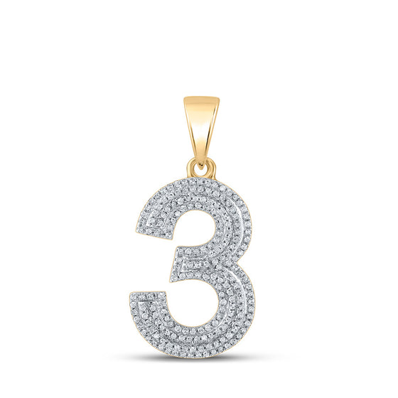 10k Yellow Gold Mens Round Diamond Number 3 Charm Pendant 5/8 Cttw