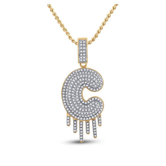10k Yellow Gold Mens Round Diamond Dripping C Letter Charm Pendant 5/8 Cttw