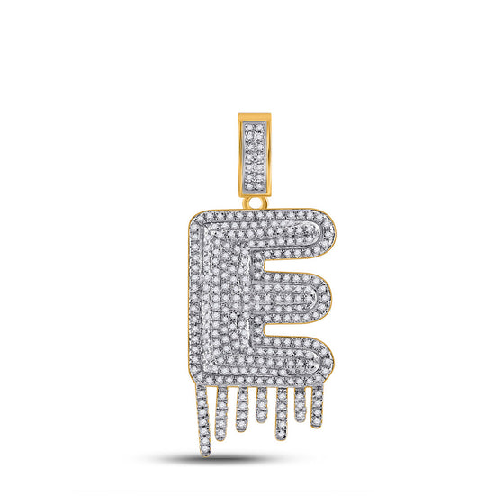 10k Yellow Gold Mens Round Diamond E Drip Letter Charm Pendant 3/4 Cttw