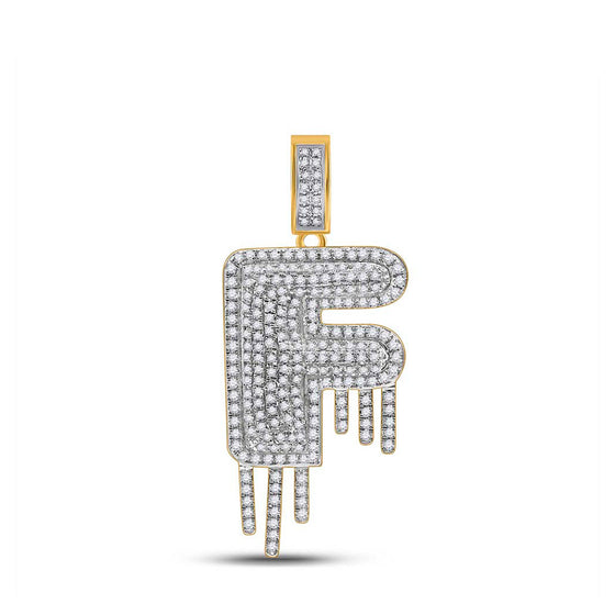 10k Yellow Gold Mens Round Diamond Drip F Letter Charm Pendant 5/8 Cttw