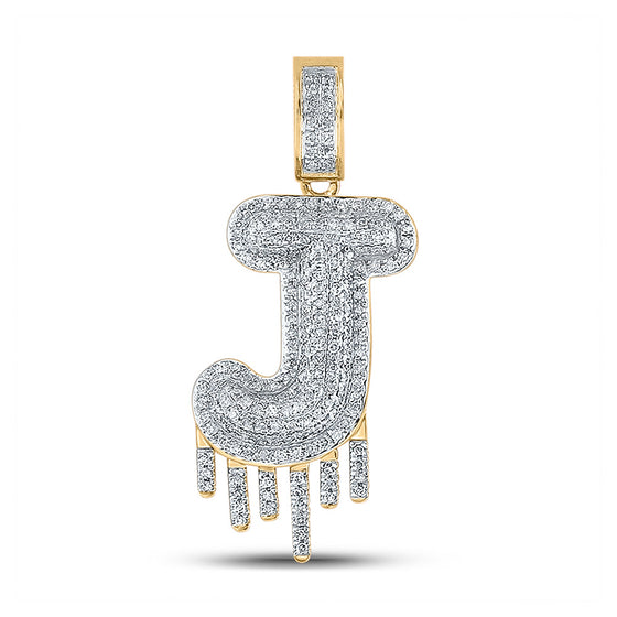 10k Yellow Gold Mens Round Diamond Dripping J Letter Charm Pendant 5/8 Cttw