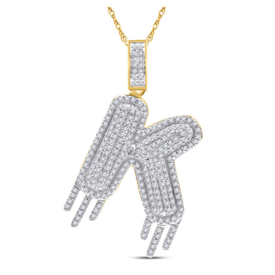 10k Yellow Gold Mens Round Diamond K Dripping Letter Charm Pendant 3/4 Cttw