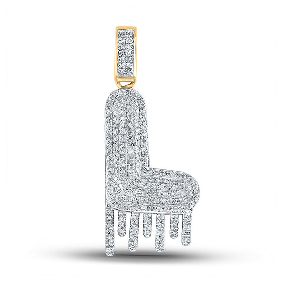 10k Yellow Gold Mens Round Diamond Dripping L Letter Charm Pendant 1/2 Cttw