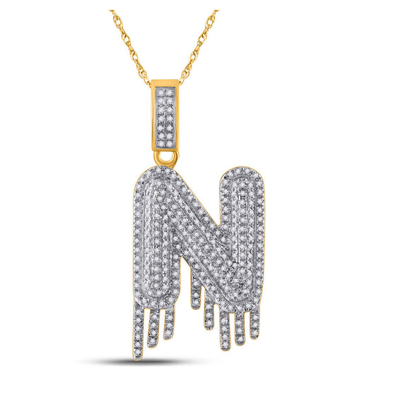 10k Yellow Gold Mens Round Diamond N Dripping Letter Charm Pendant 3/4 Cttw