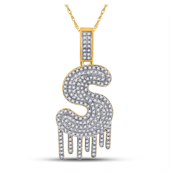 10k Yellow Gold Mens Round Diamond S Drip Letter Charm Pendant 5/8 Cttw