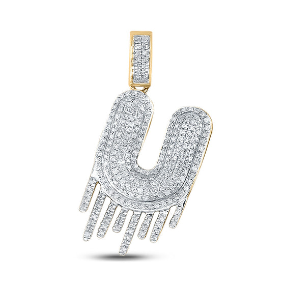 10k Yellow Gold Mens Round Diamond Dripping U Letter Charm Pendant 3/4 Cttw