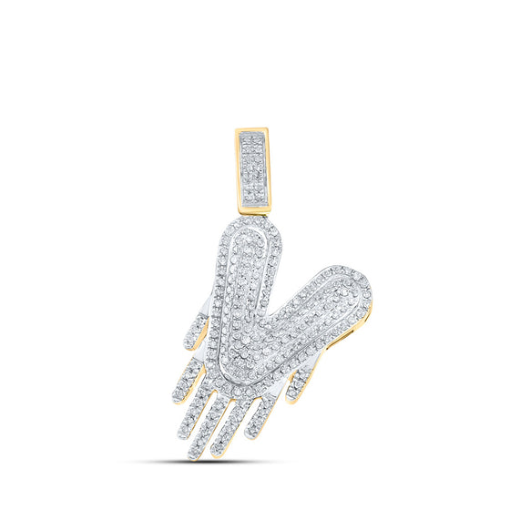 10k Yellow Gold Mens Round Diamond Drip V Letter Charm Pendant 1/2 Cttw
