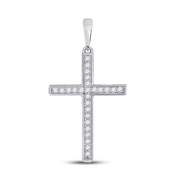 10k White Gold Womens Round Diamond Cross Pendant 1/8 Cttw