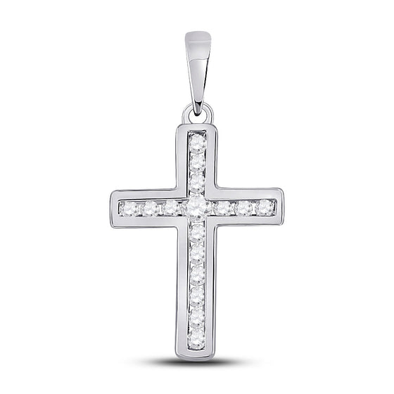 10k White Gold Womens Round Diamond Cross Pendant 1/10 Cttw
