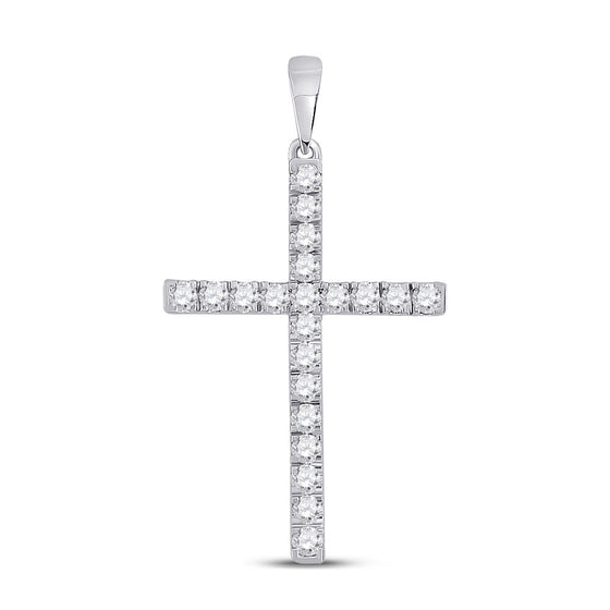 14k White Gold Womens Round Diamond Cross Pendant 1/2 Cttw