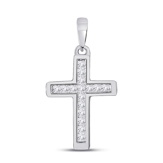 10k White Gold Womens Princess Diamond Cross Pendant 1/6 Cttw