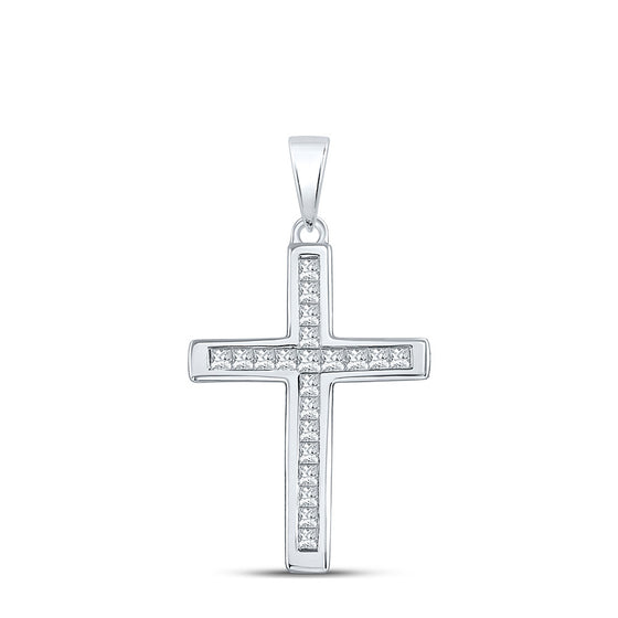10k White Gold Womens Princess Diamond Cross Pendant 1/4 Cttw