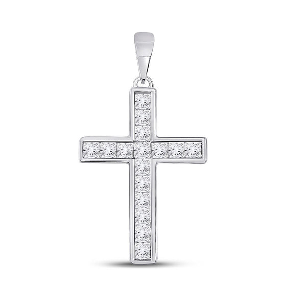14k White Gold Womens Princess Diamond Cross Pendant 5/8 Cttw
