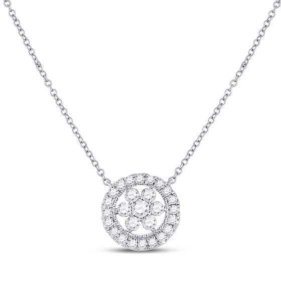 14k White Gold Womens Round Diamond Floral Cluster Necklace 1/3 Cttw