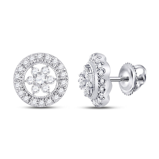 14k White Gold Womens Round Diamond Circle Floral Cluster Earrings 3/8 Cttw