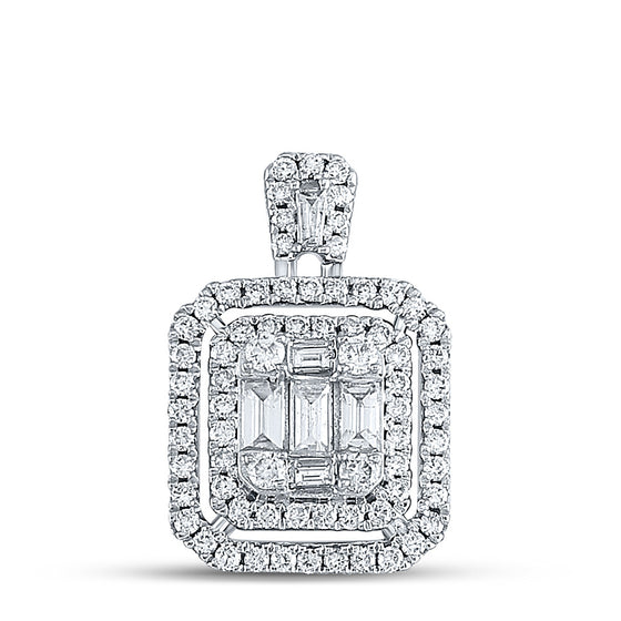 14k White Gold Womens Baguette Diamond Square Cluster Pendant 1 Cttw