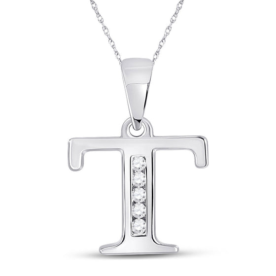 10k White Gold Womens Round Diamond T Initial Letter Pendant 1/20 Cttw