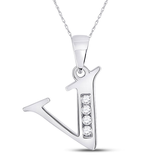 10k White Gold Womens Round Diamond V Initial Letter Pendant 1/20 Cttw
