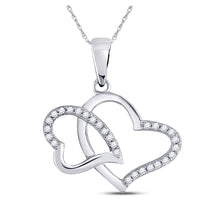  10k White Gold Womens Round Diamond Double Heart Pendant 1/6 Cttw