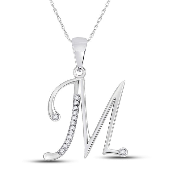 10k White Gold Womens Round Diamond M Initial Letter Pendant 1/20 Cttw