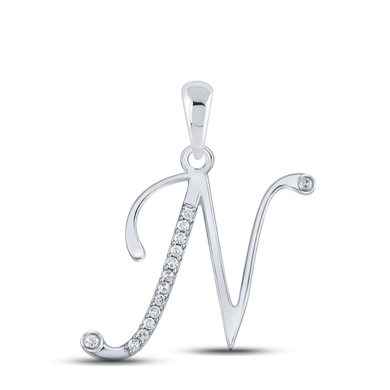 10k White Gold Womens Round Diamond N Initial Letter Pendant 1/20 Cttw