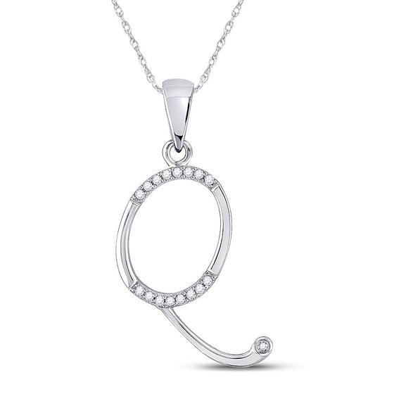 10k White Gold Womens Round Diamond Initial Q Letter Pendant 1/12 Cttw