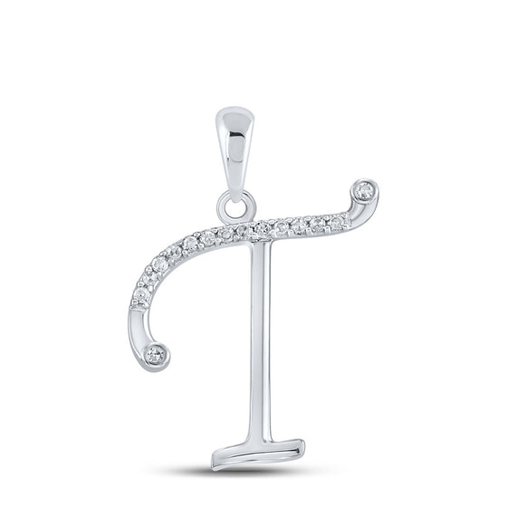 10k White Gold Womens Round Diamond Initial T Letter Pendant 1/10 Cttw