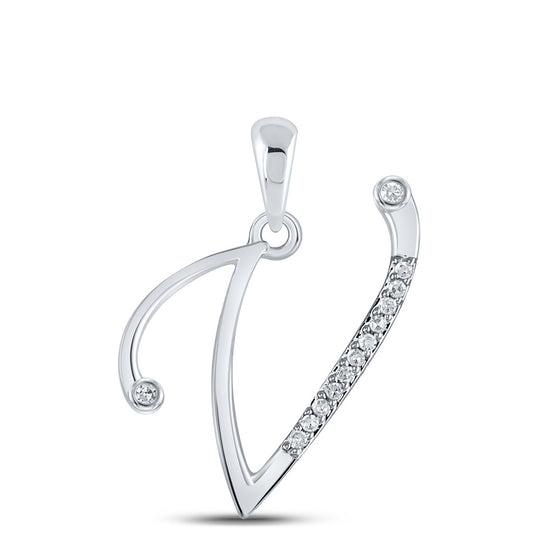 10k White Gold Womens Round Diamond V Initial Letter Pendant 1/20 Cttw