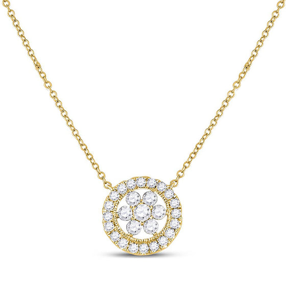 14k Yellow Gold Womens Round Diamond Floral Cluster Necklace 1/3 Cttw