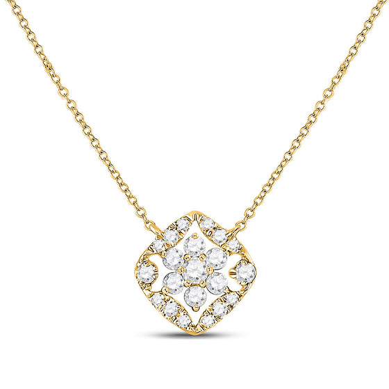 14k Yellow Gold Womens Round Diamond Floral Cluster Necklace 1/3 Cttw