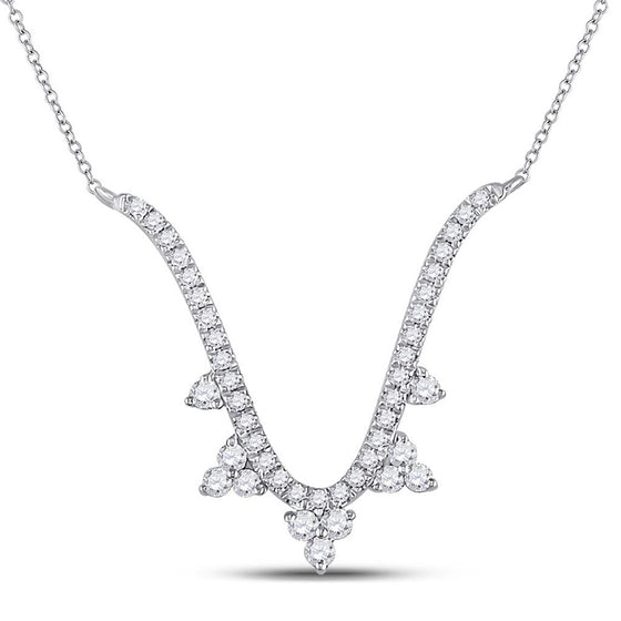 14k White Gold Womens Round Diamond Modern-V Fashion Necklace 1/4 Cttw