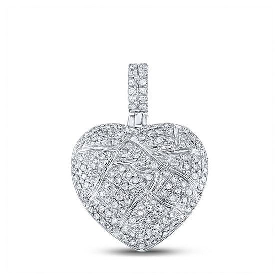 10k White Gold Mens Round Diamond Cracked Heart Charm Pendant 3/8 Cttw