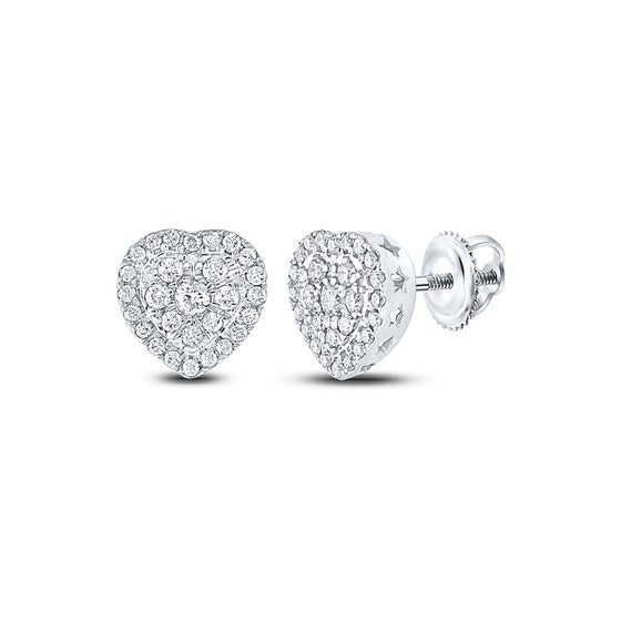 10k White Gold Womens Round Diamond Heart Earrings 1/2 Cttw