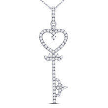  10k White Gold Womens Round Diamond Key Heart Pendant 1/5 Cttw