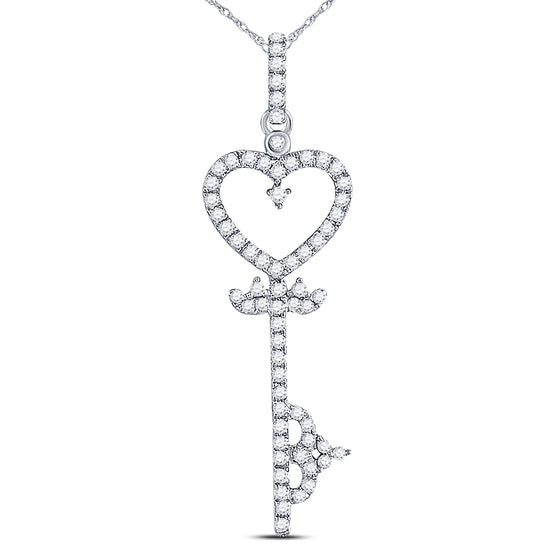 10k White Gold Womens Round Diamond Key Heart Pendant 1/5 Cttw
