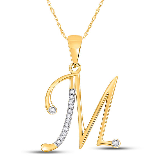10k Yellow Gold Womens Round Diamond M Initial Letter Pendant 1/20 Cttw