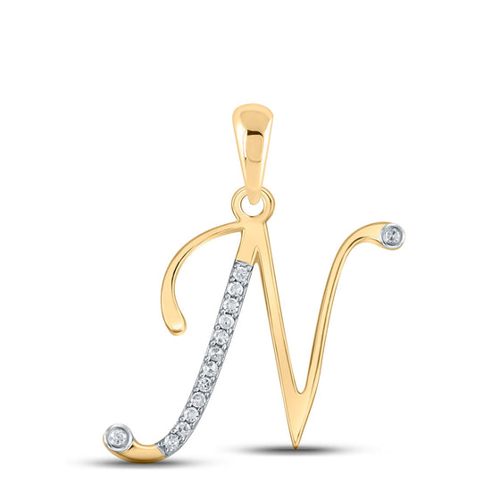 10k Yellow Gold Womens Round Diamond N Initial Letter Pendant 1/20 Cttw