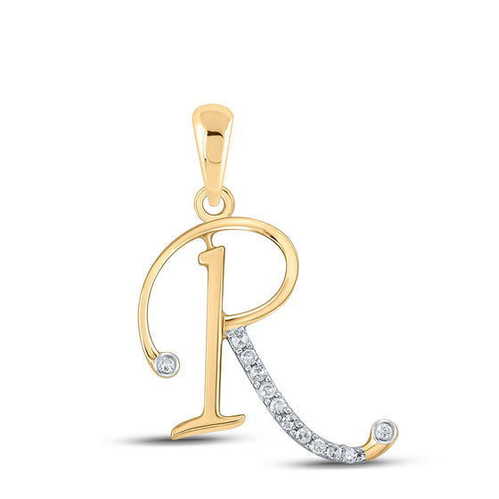 10k Yellow Gold Womens Round Diamond R Initial Letter Pendant 1/12 Cttw