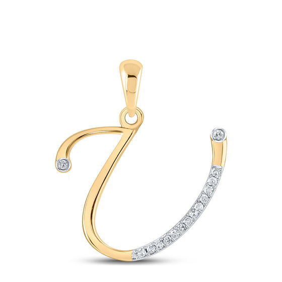 10k Yellow Gold Womens Round Diamond U Initial Letter Pendant 1/12 Cttw